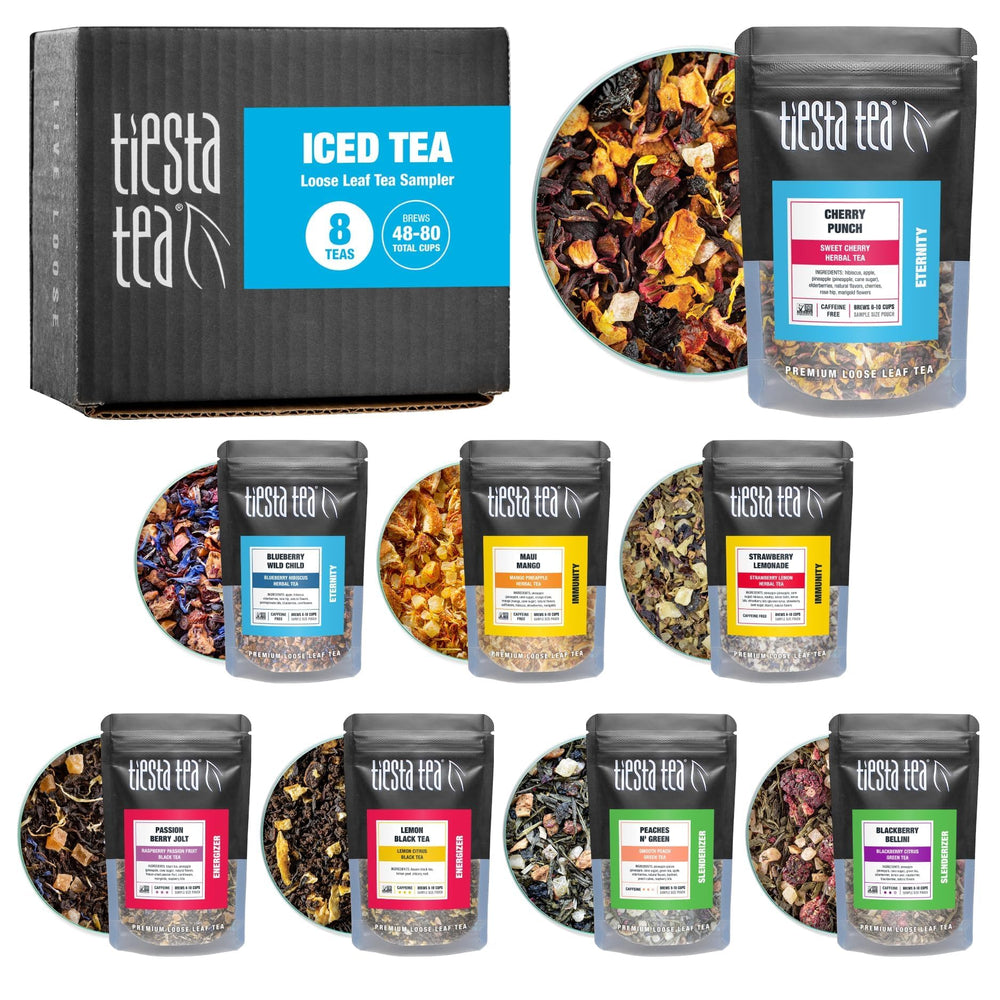 Tiesta Tea iced tea sampler set shown with resealable pouches for on-the-go brewing.