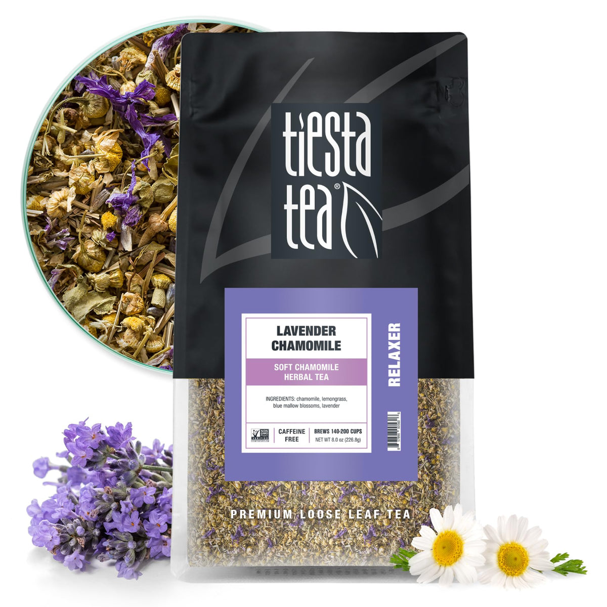 Tiesta Tea Lavender Chamomile loose-leaf cup, calm aroma for relaxation.