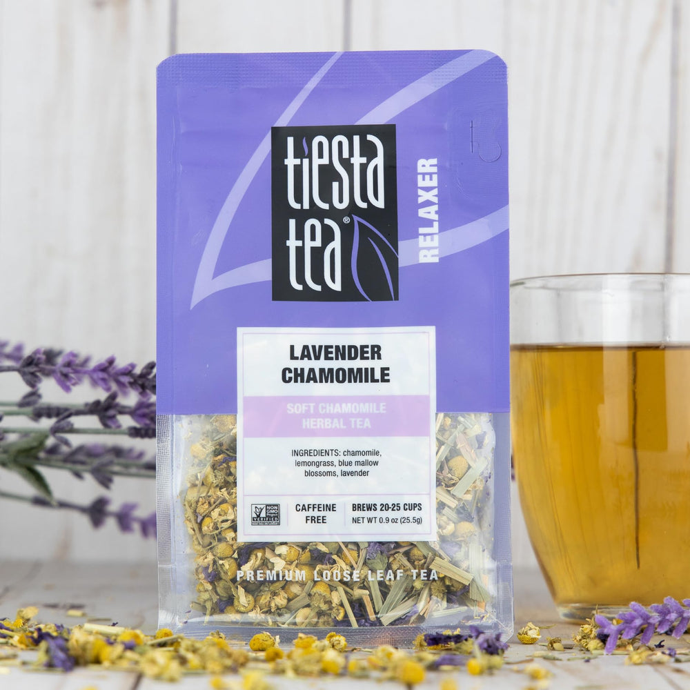 Tiesta Tea Lavender Chamomile teacup brew display, inviting relaxing sips.