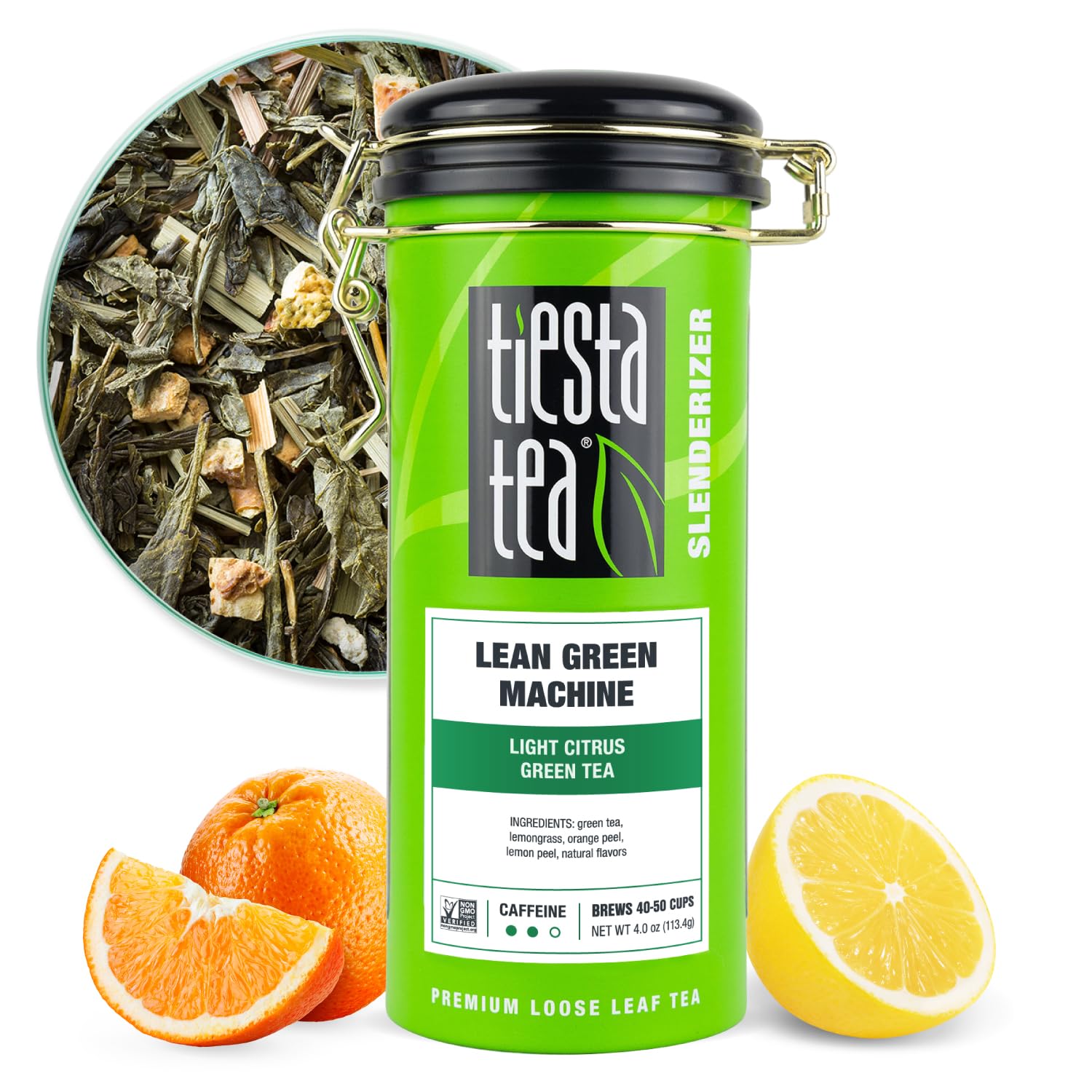 Tiesta Tea Lean Green Machine loose leaf tea with bright citrus notes for refreshing cups.