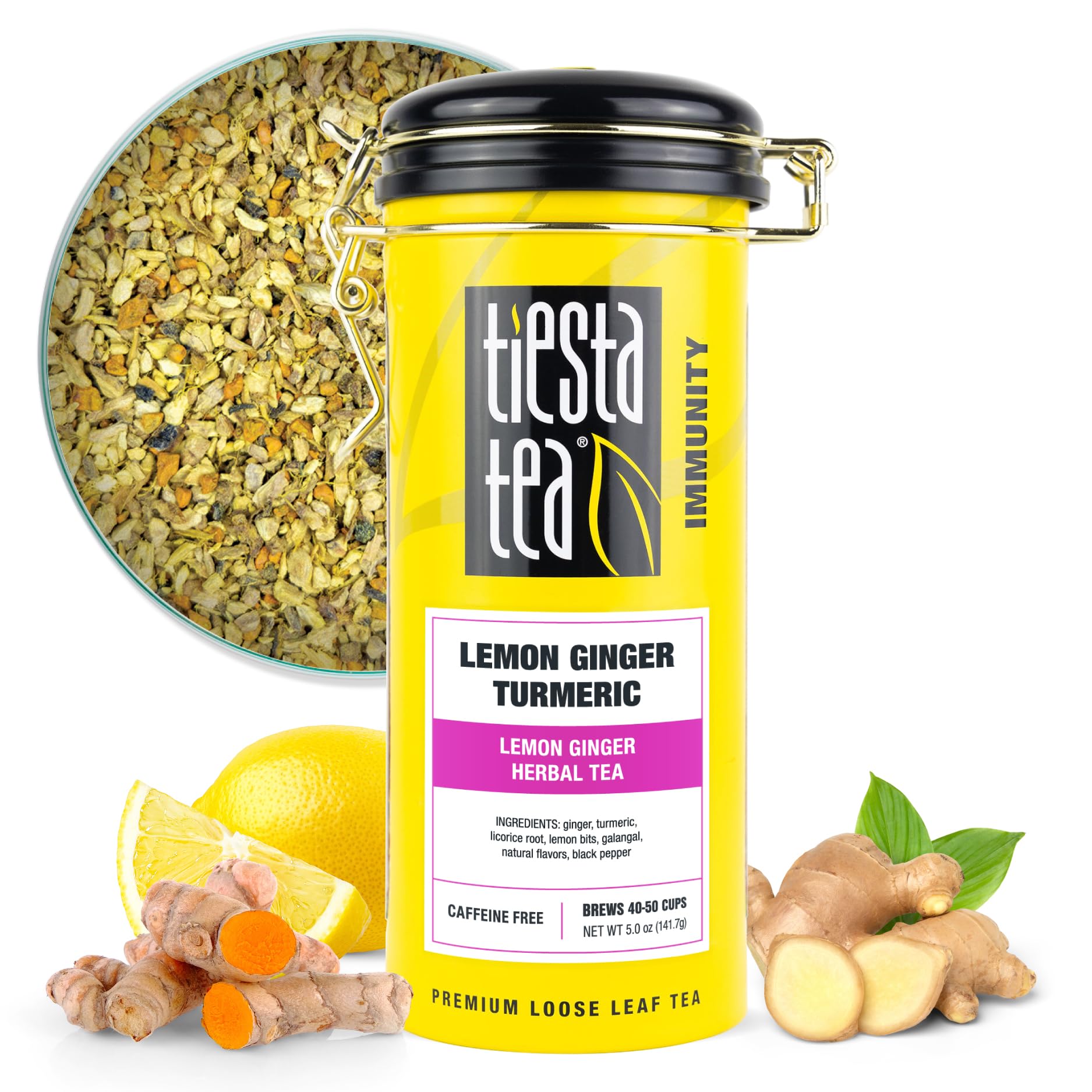 Tiesta Tea Lemon Ginger Turmeric loose leaf in premium tin, ready for flavorful brews.