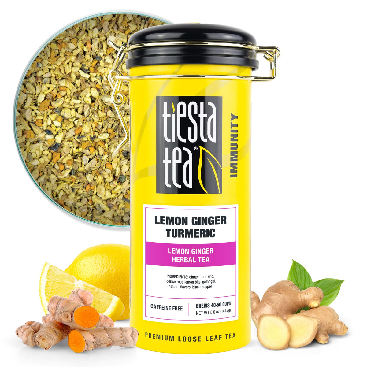 Tiesta Tea Lemon Ginger Turmeric loose leaf in premium tin, ready for flavorful brews.