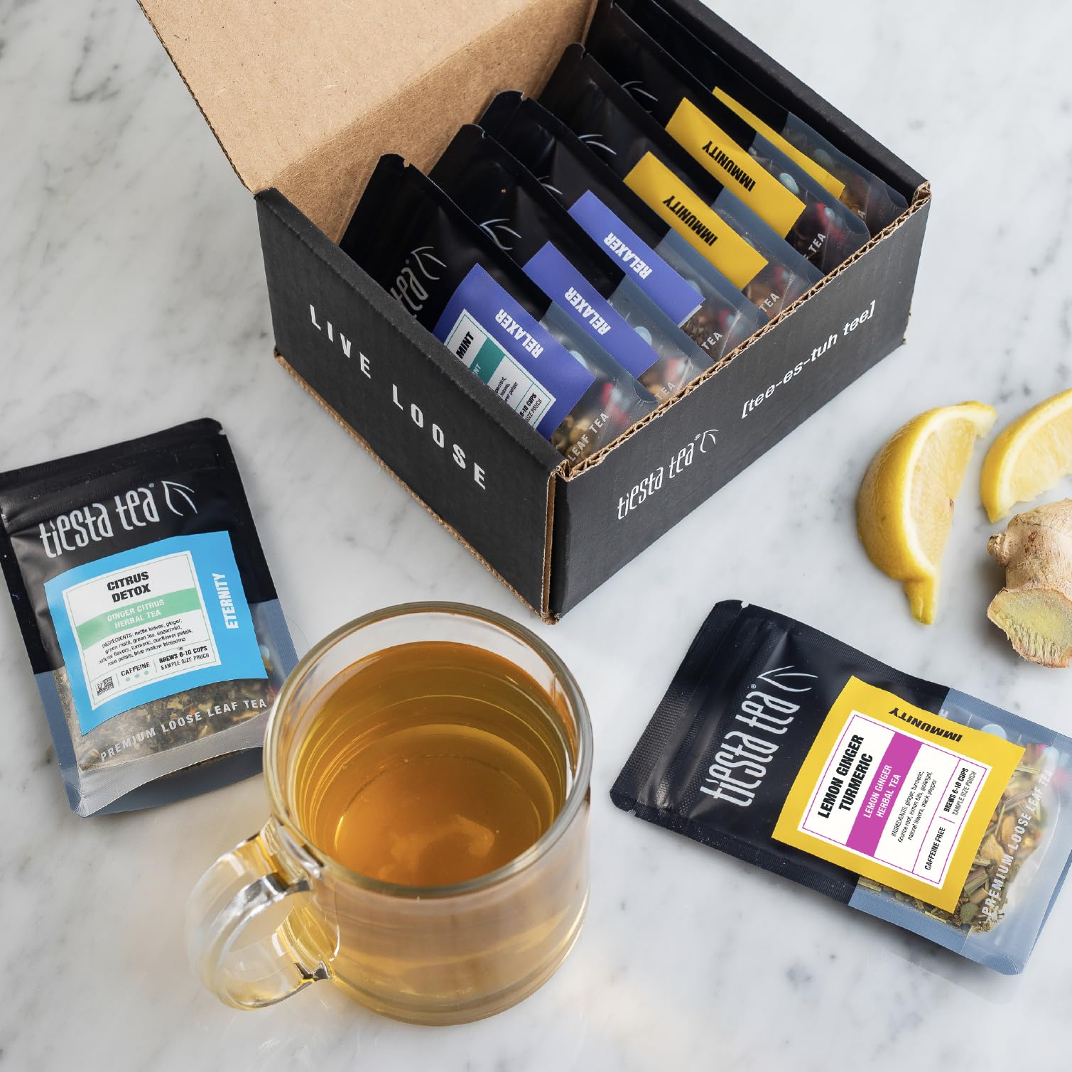 Tiesta Tea Lemon Ginger Turmeric showcasing uplifting warming flavors