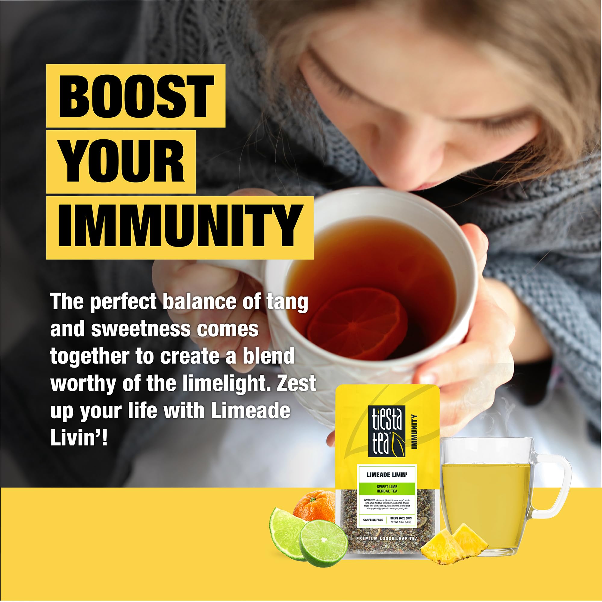Cup of Tiesta Tea Limeade Livin after brewing, highlighting bright lime notes