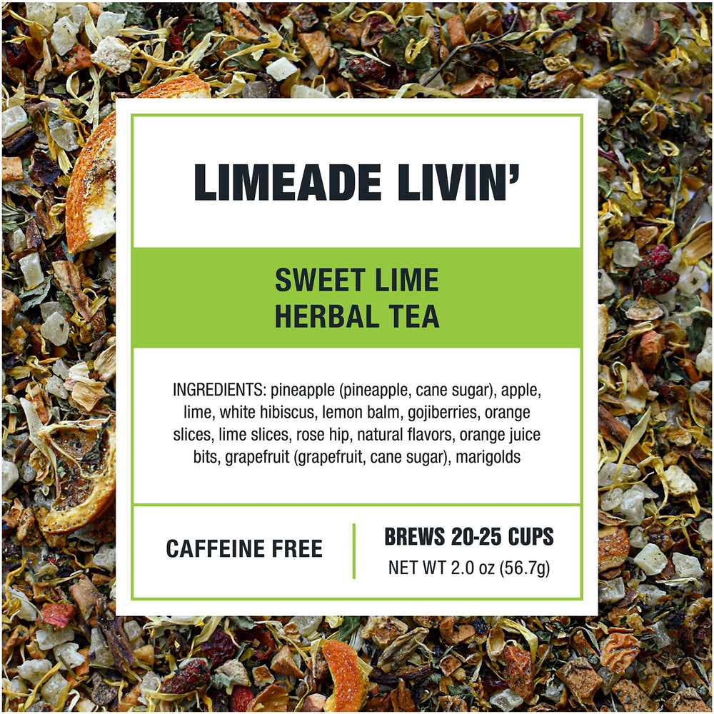 Tiesta Tea Limeade Livin loose-leaf tea ready for hot or iced preparations