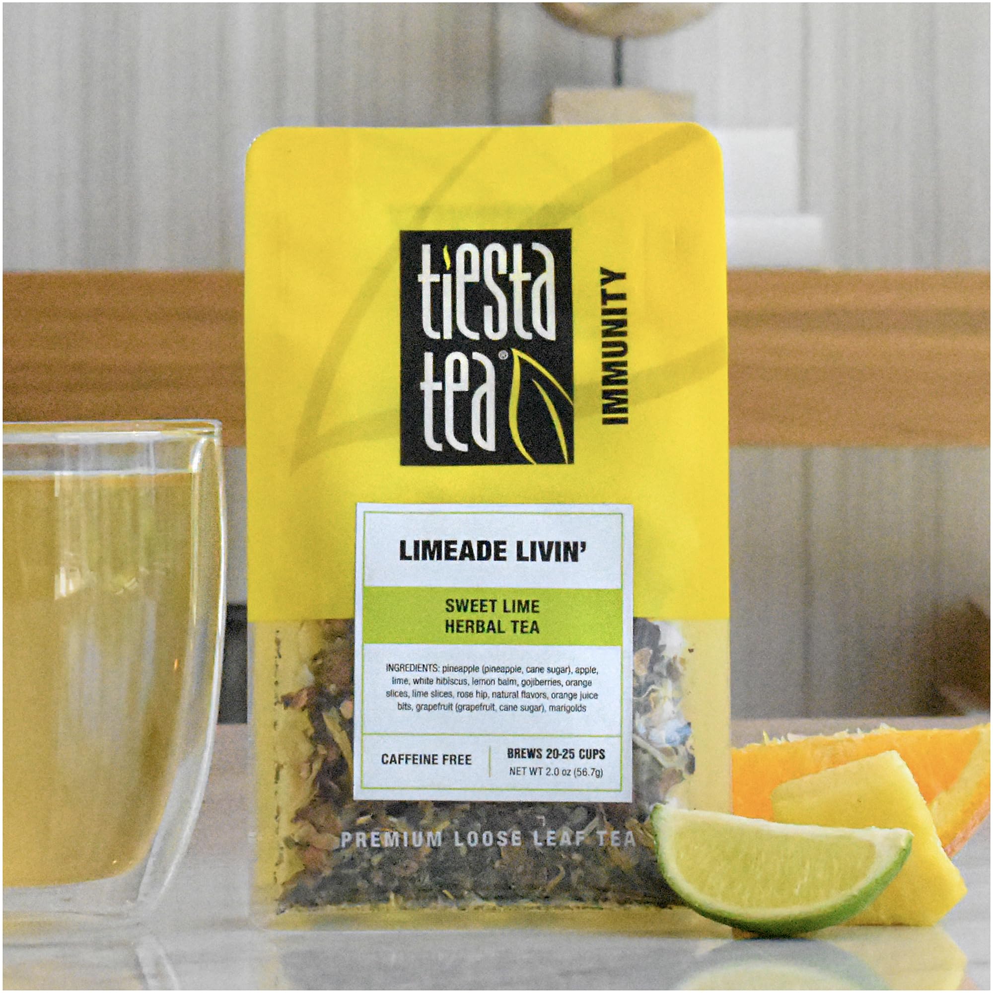 Tiesta Tea Limeade Livin pouch back with ingredients and features for easy brewing