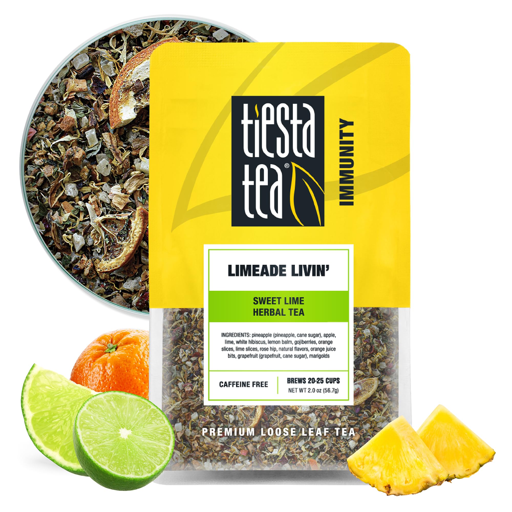 Tiesta Tea Limeade Livin pouch front, refreshing caffeine-free tea for any time of day