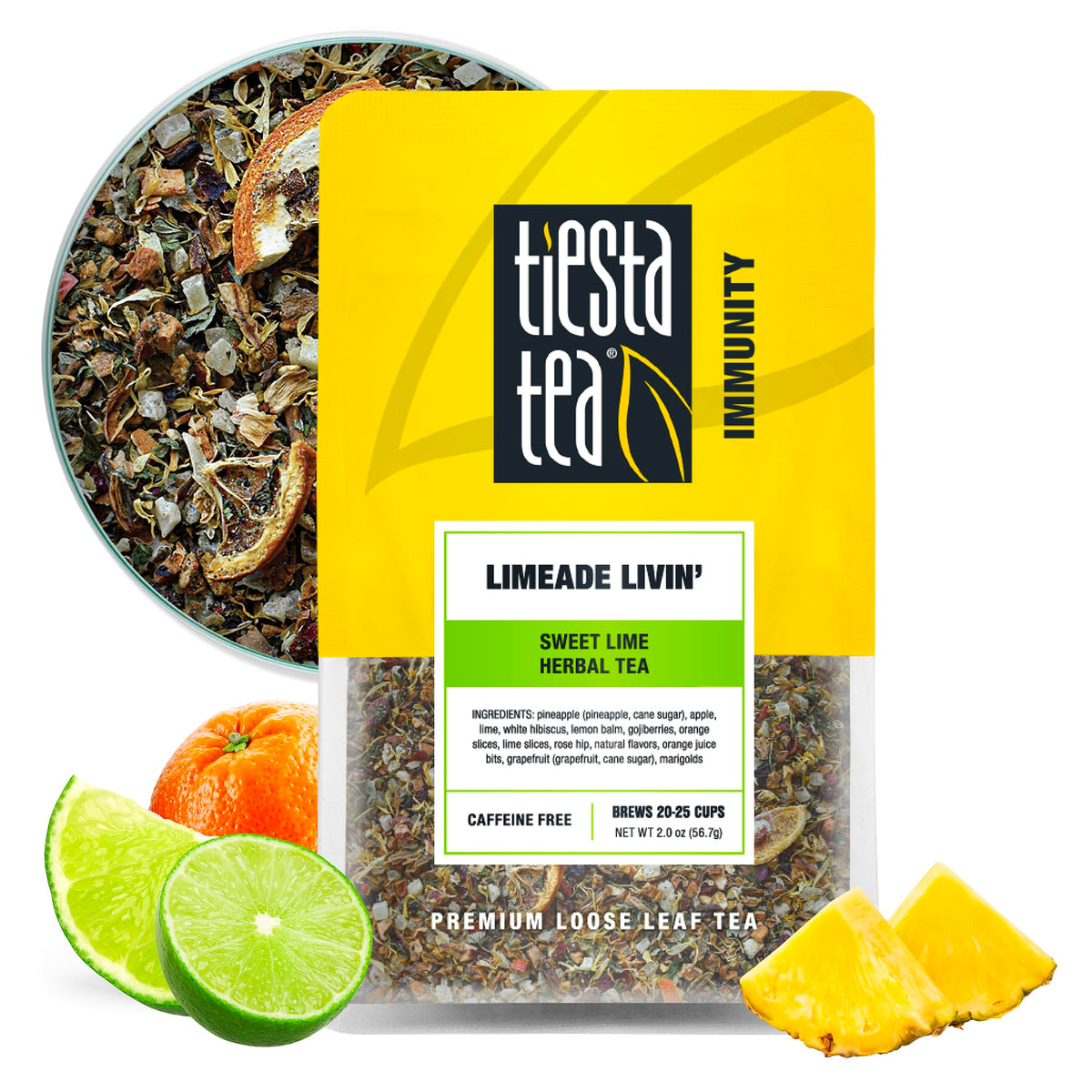 Tiesta Tea Limeade Livin pouch front, refreshing caffeine-free tea for any time of day