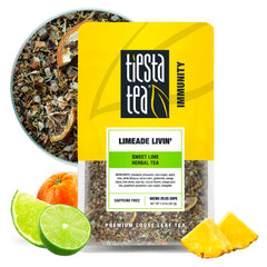 Tiesta Tea Limeade Livin pouch front, refreshing caffeine-free tea for any time of day