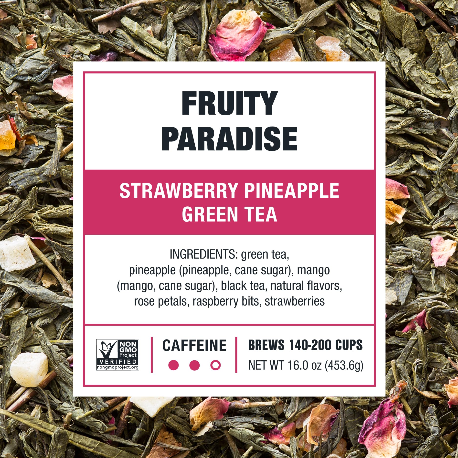 Tiesta Tea loose leaf blend close-up showing premium green tea and fruit notes