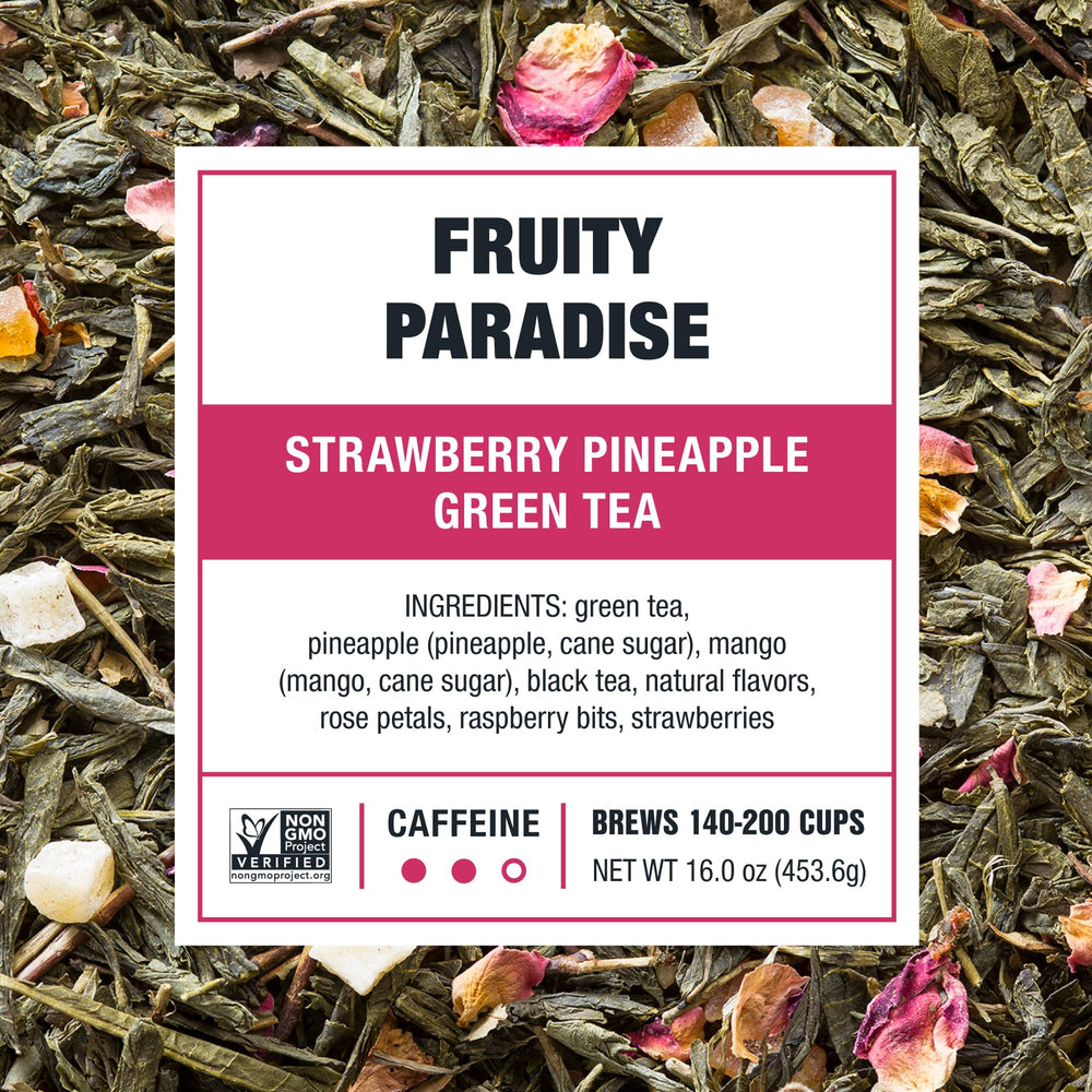 Tiesta Tea loose leaf blend close-up showing premium green tea and fruit notes