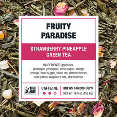 Tiesta Tea loose leaf blend close-up showing premium green tea and fruit notes