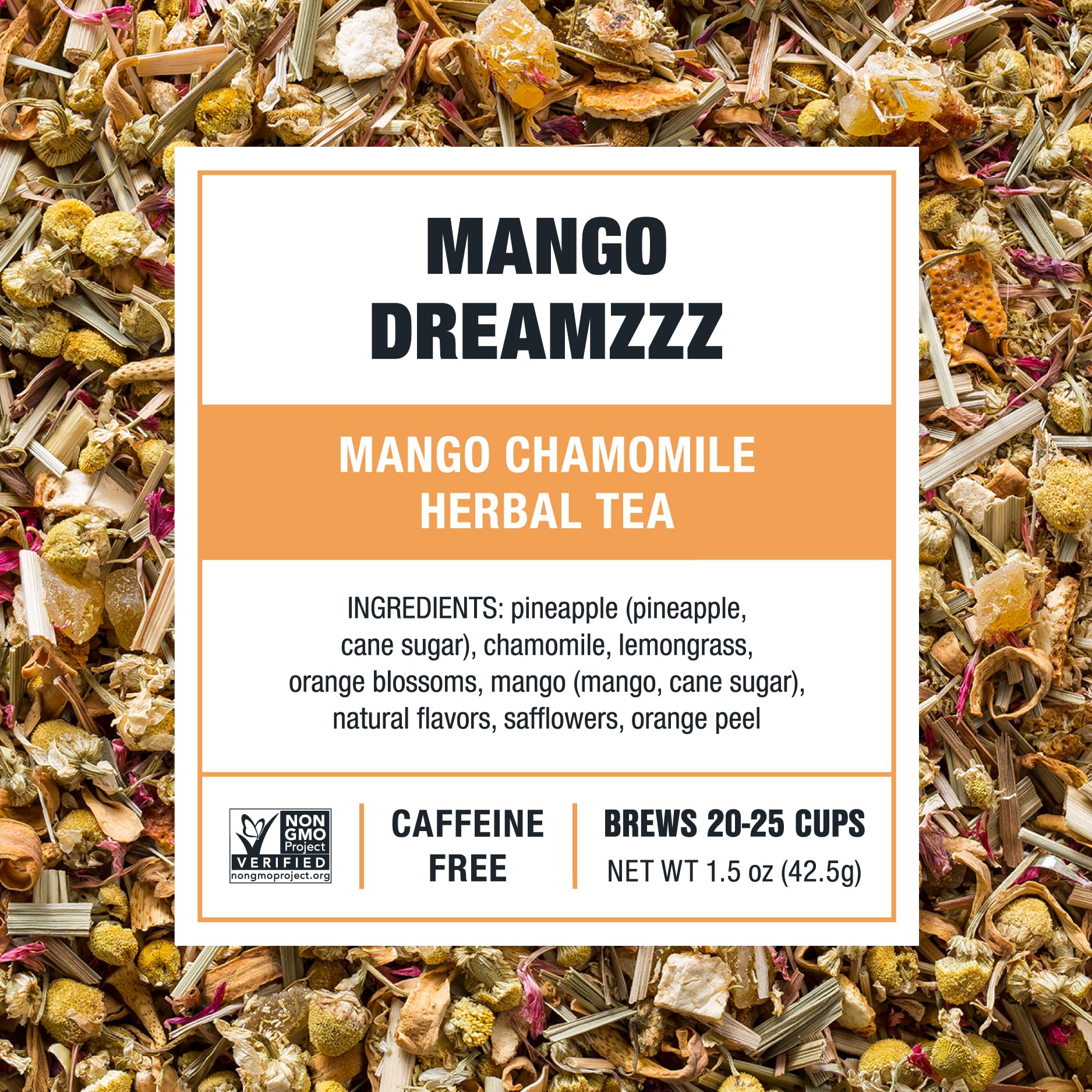 Tiesta Tea Mango Dreamzzz Chamomile hot brew with warm amber color