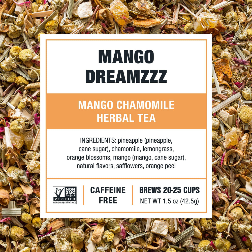 Tiesta Tea Mango Dreamzzz Chamomile hot brew with warm amber color