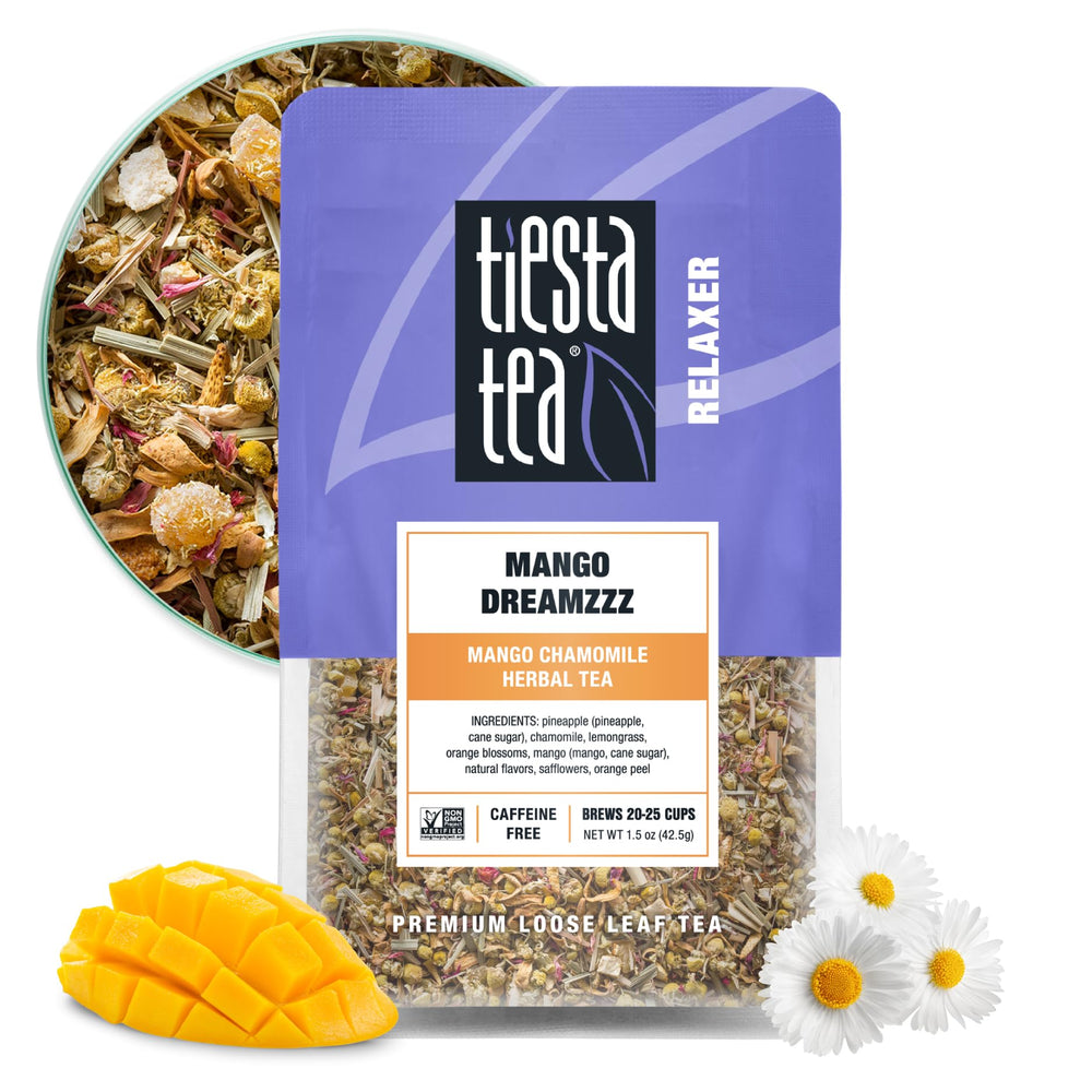 Tiesta Tea Mango Dreamzzz Chamomile loose leaf tea in resealable pouch preserves freshness