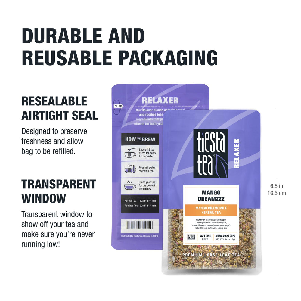Pouch label highlights up to 25 cups per 1.5 oz Tiesta Tea