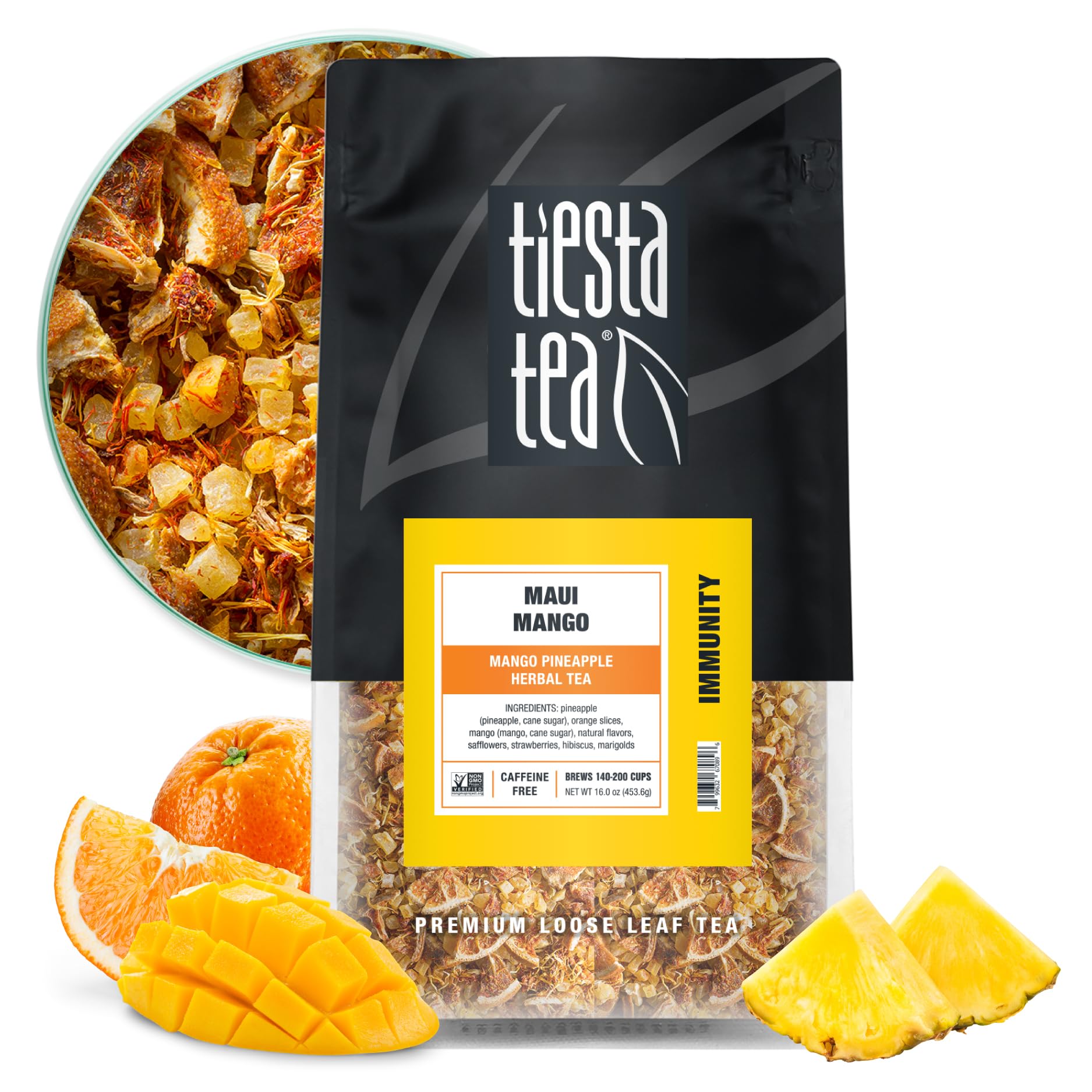 Tiesta Tea Maui Mango bulk pouch shown for long-term freshness benefits