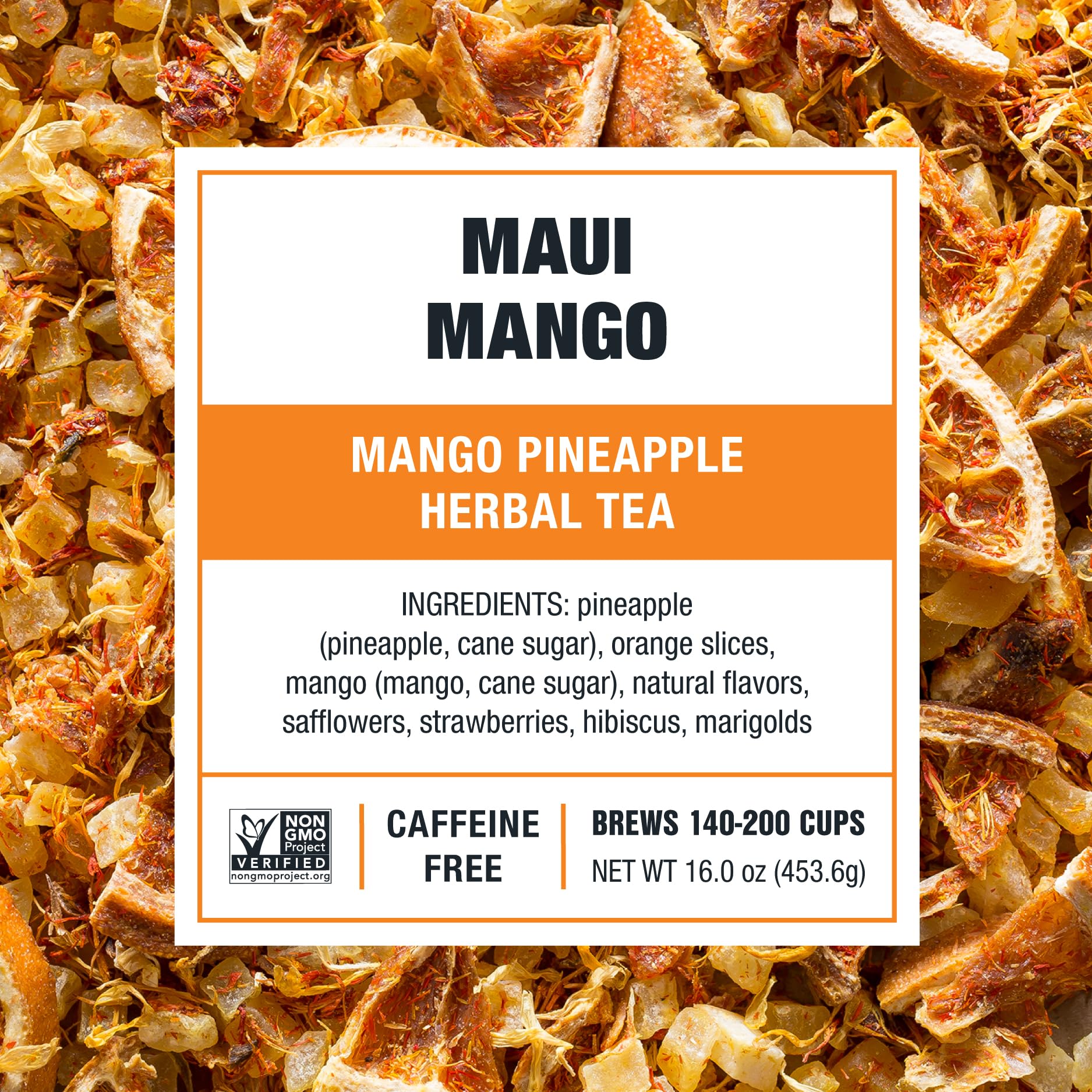 Tiesta Tea Maui Mango loose leaf closeup with vibrant fruit pieces