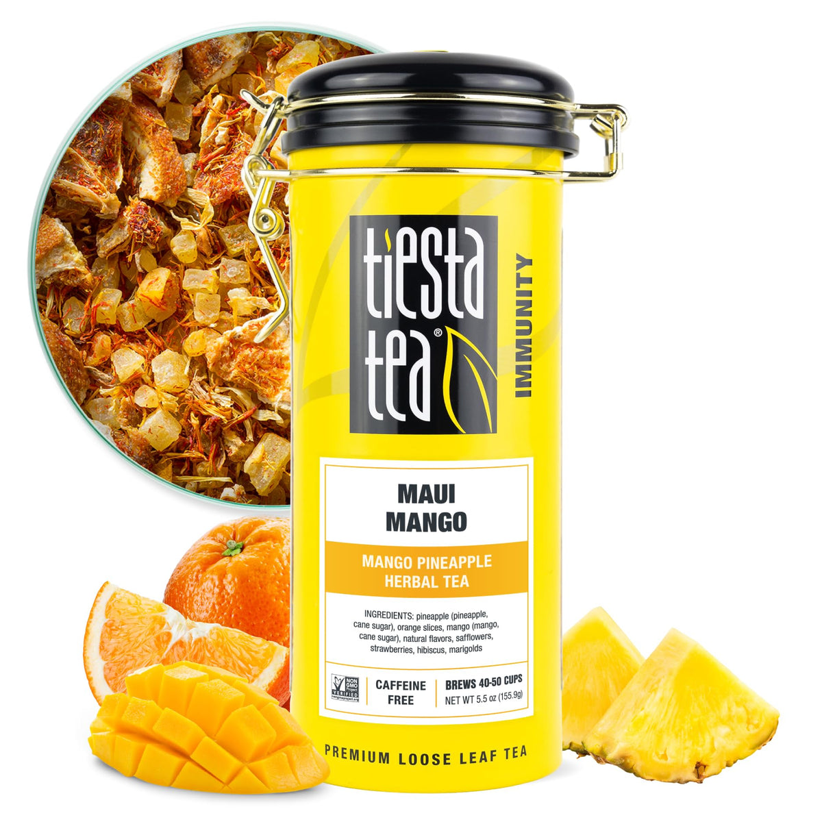 Tiesta Tea Maui Mango loose leaf tea in a tin for fresh tropical flavor
