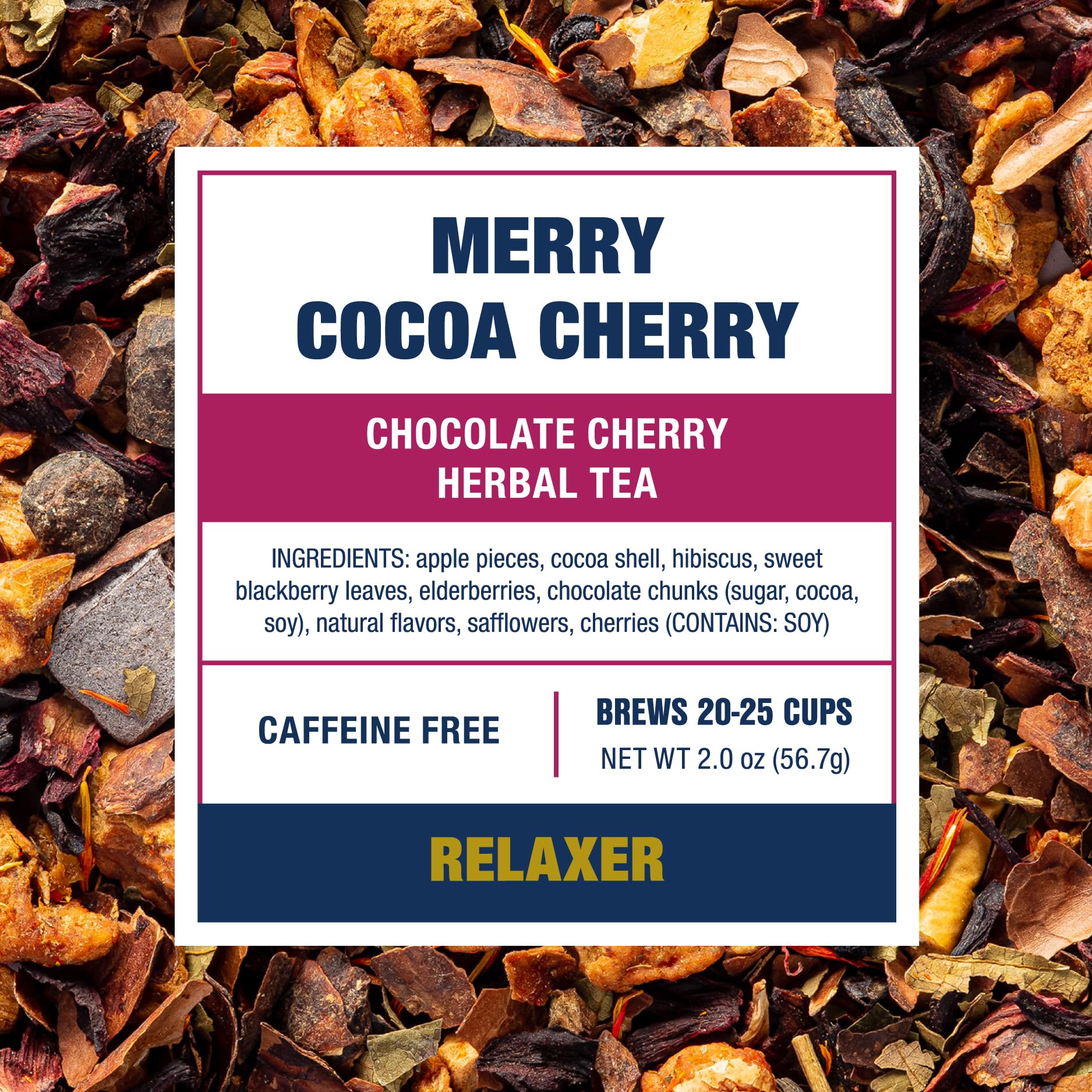 Tiesta Tea Merry Cocoa Cherry chocolate chunks add richness to cup