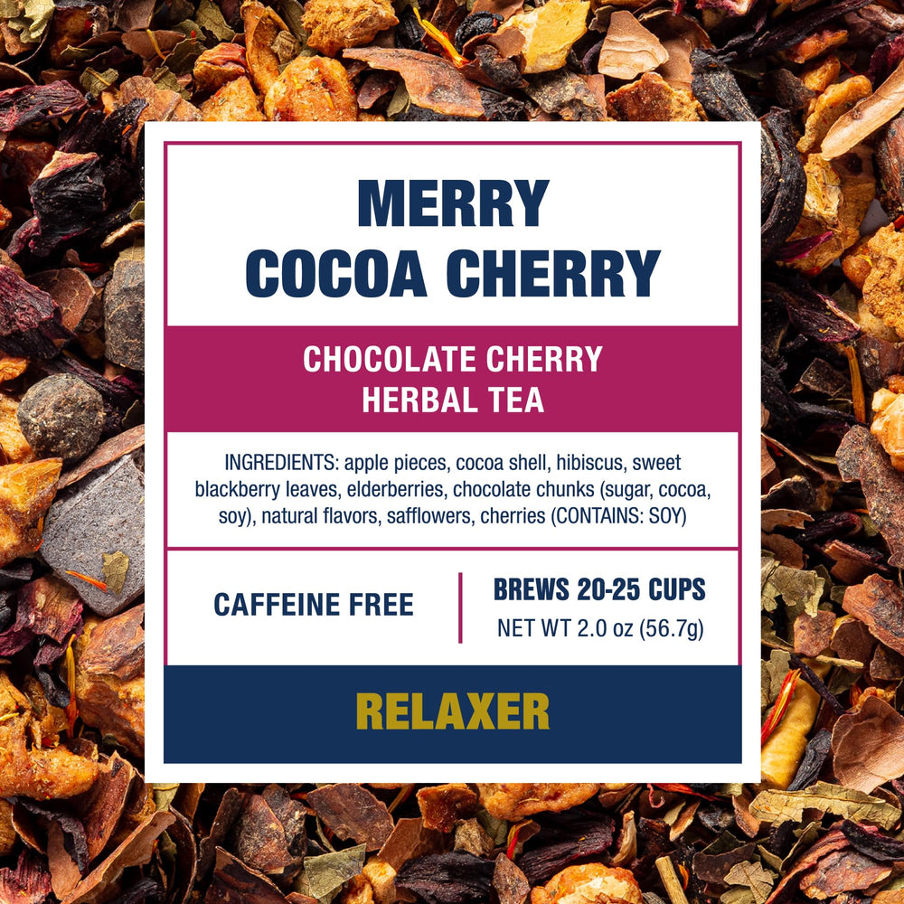 Tiesta Tea Merry Cocoa Cherry chocolate chunks add richness to cup