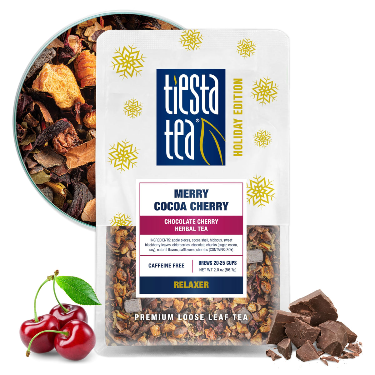 Tiesta Tea Merry Cocoa Cherry pouch holding premium loose leaf blend