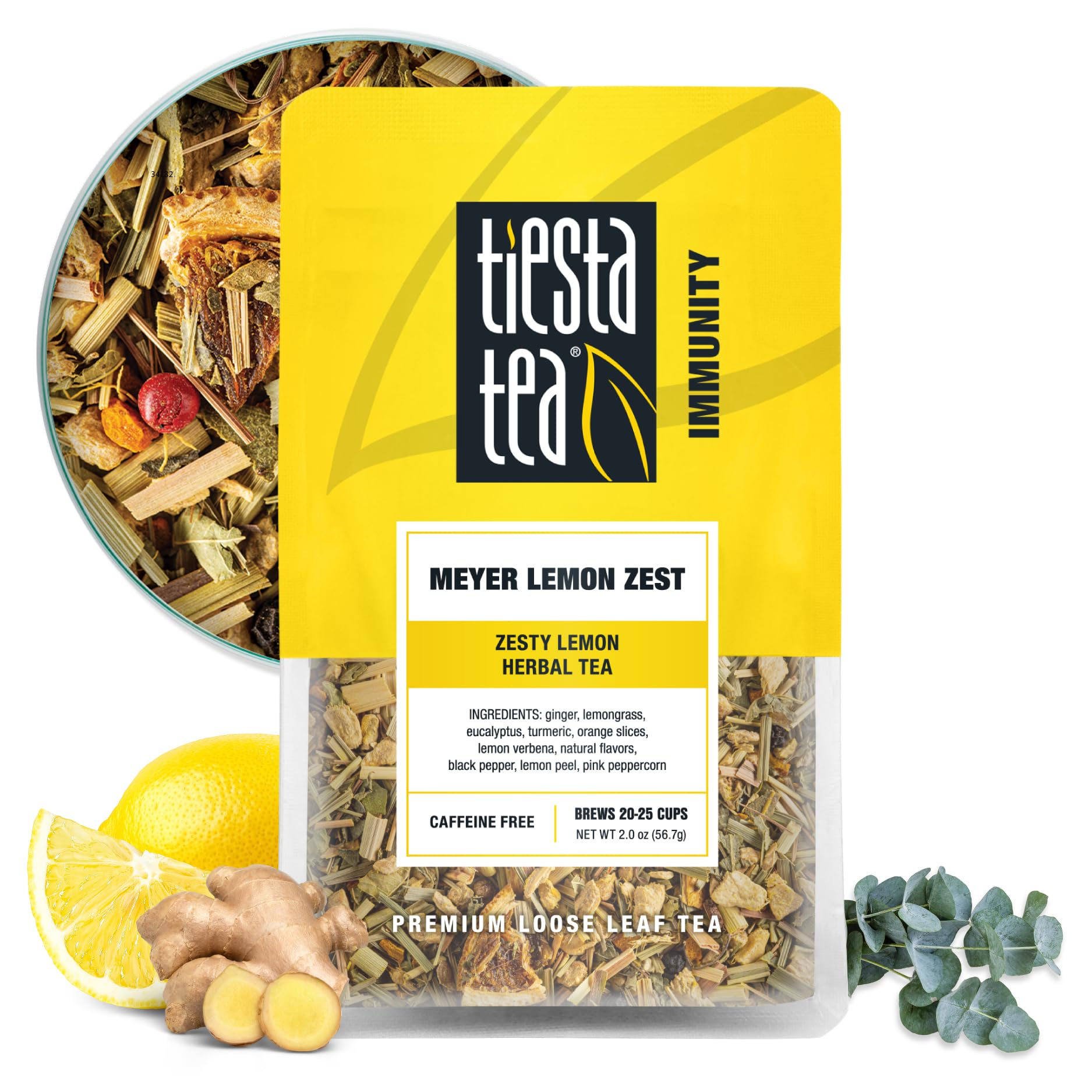 Tiesta Tea Meyer Lemon Zest tea pouch on the counter highlights reusable packaging and freshness
