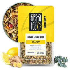 Tiesta Tea Meyer Lemon Zest tea pouch on the counter highlights reusable packaging and freshness