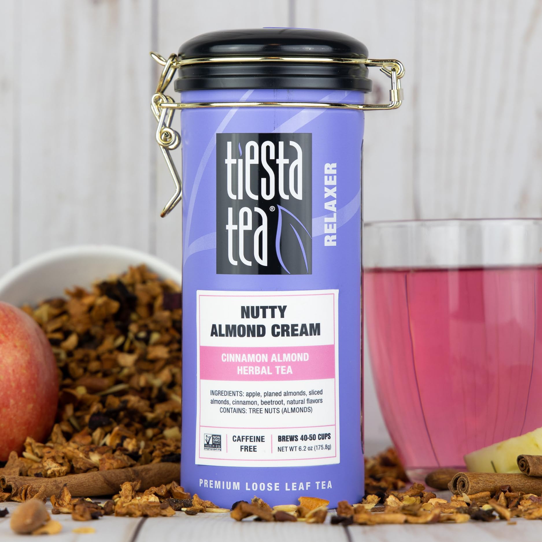 Nutty Almond Cream loose-leaf tea in a premium tin for freshness
