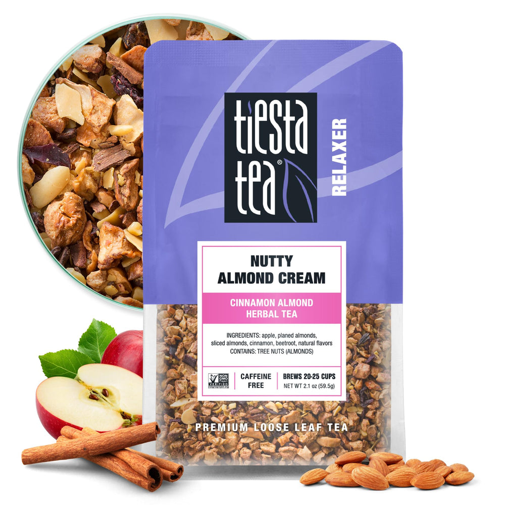 Tiesta Tea Nutty Almond Cream loose-leaf image, caffeine-free option for anytime relaxation.