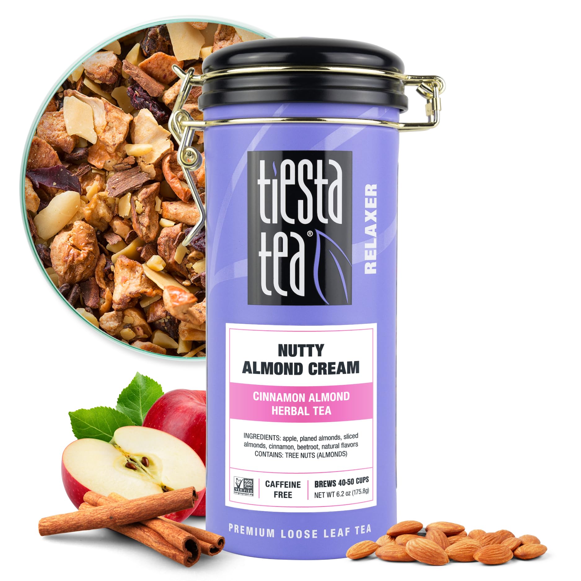 Tiesta Tea Nutty Almond Cream tin preserves the caffeine-free blend's freshness