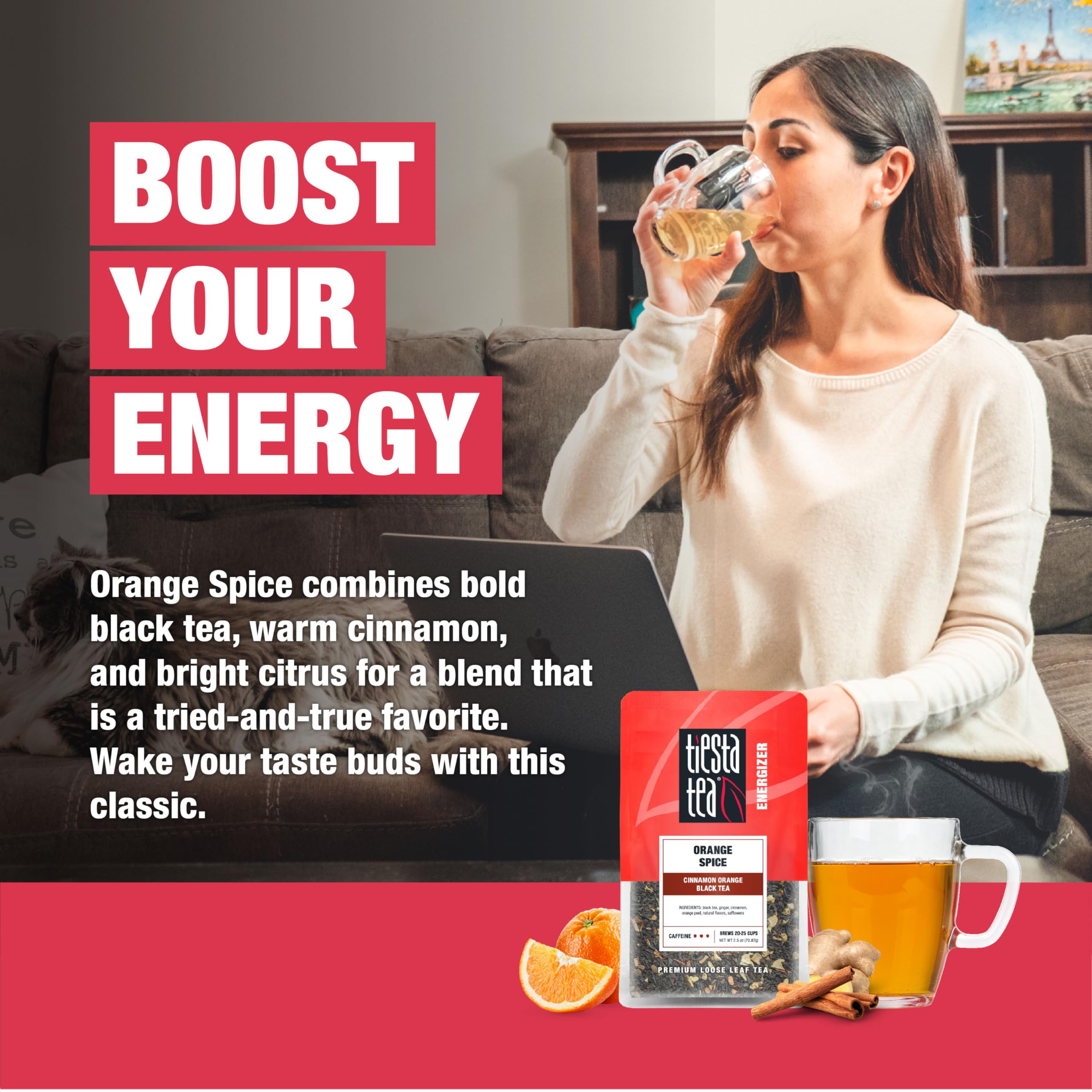 Tiesta Tea Orange Spice blend with cinnamon and ginger for warm spice