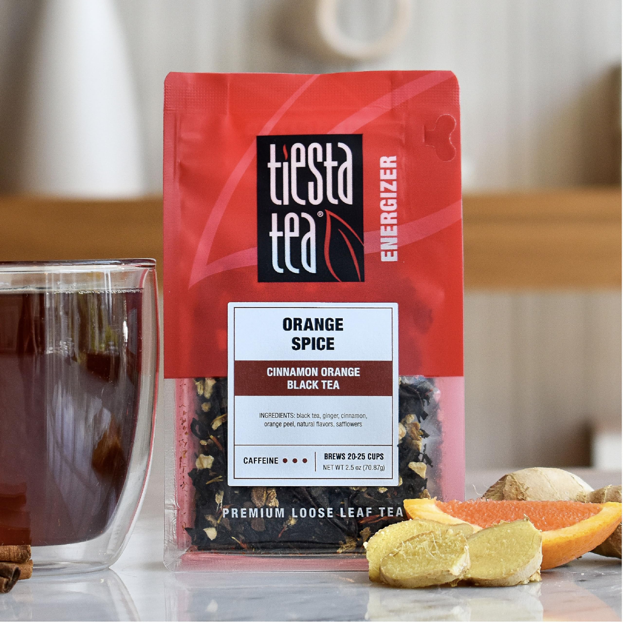 Tiesta Tea Orange Spice hot brew in cup delivering bold flavor
