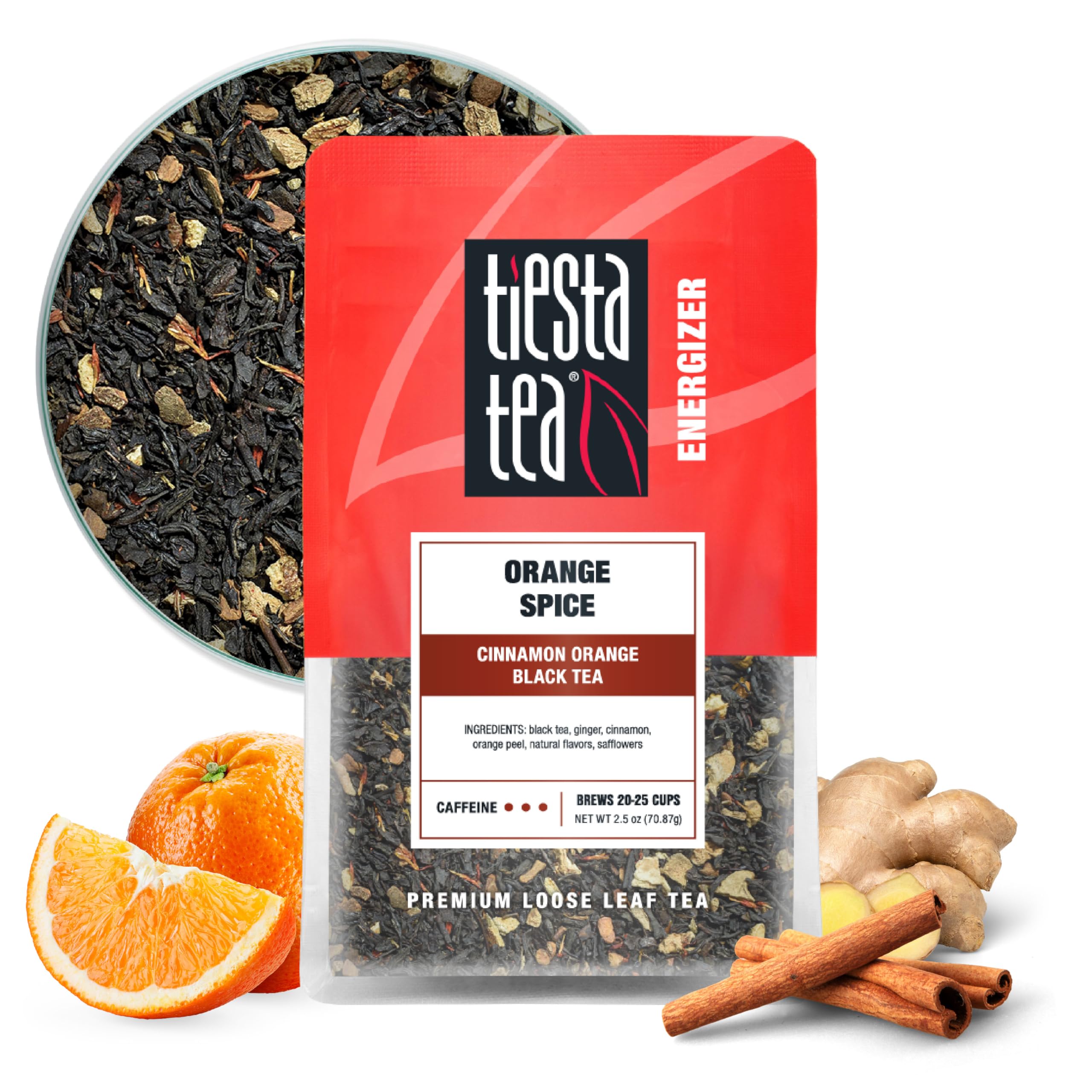 Tiesta Tea Orange Spice loose leaf in resealable pouch for energizing mornings