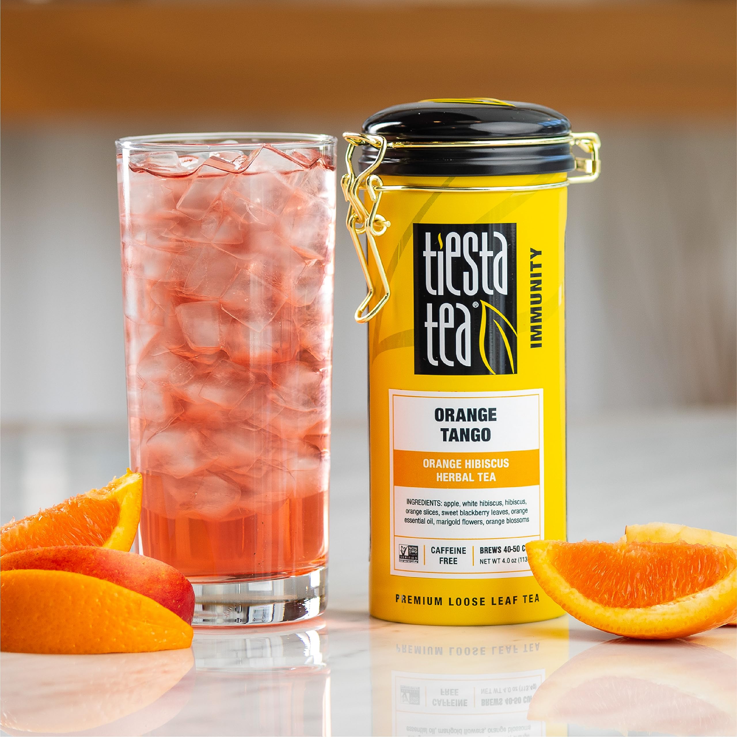 Tiesta Tea Orange Tango brewed cup reveals citrus and hibiscus balance.