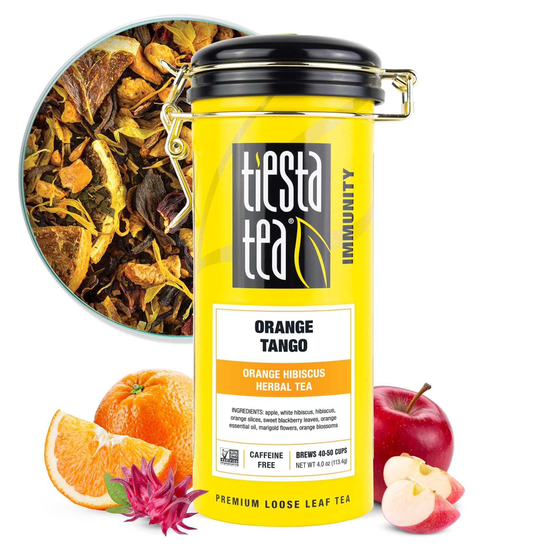 Tiesta Tea Orange Tango loose leaf tea in a bright tin awakens the senses.
