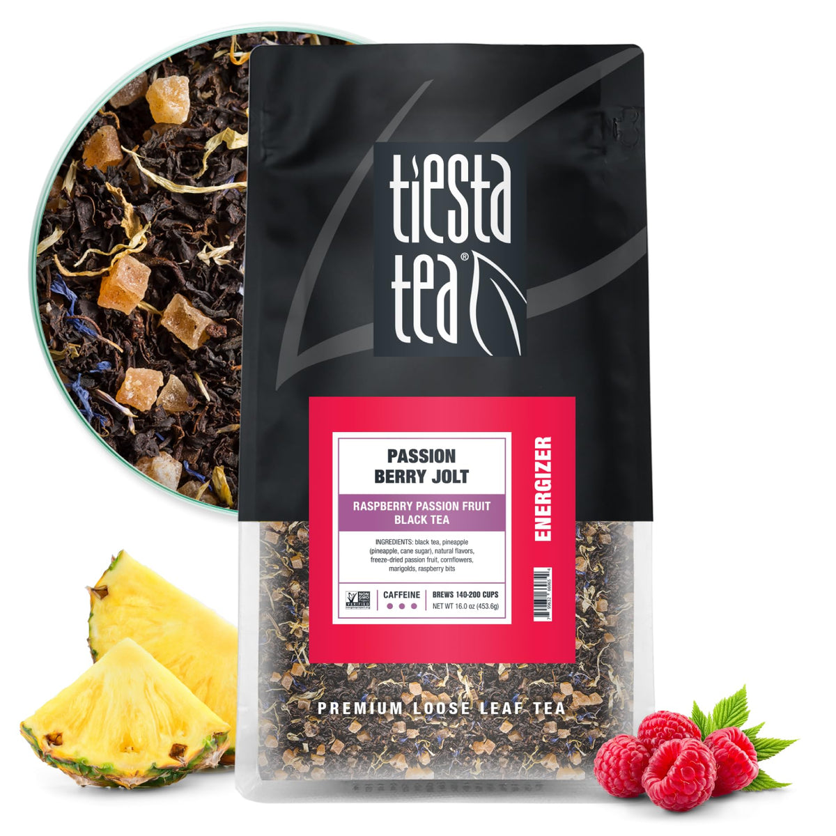 Tiesta Tea Passion Berry Jolt loose leaf tea ideal for hot or iced brews.