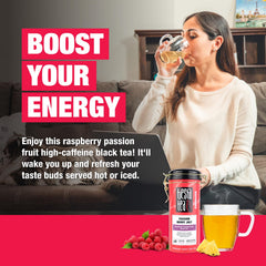 Brewed Passion Berry Jolt cup shows dark tea with fruity notes.