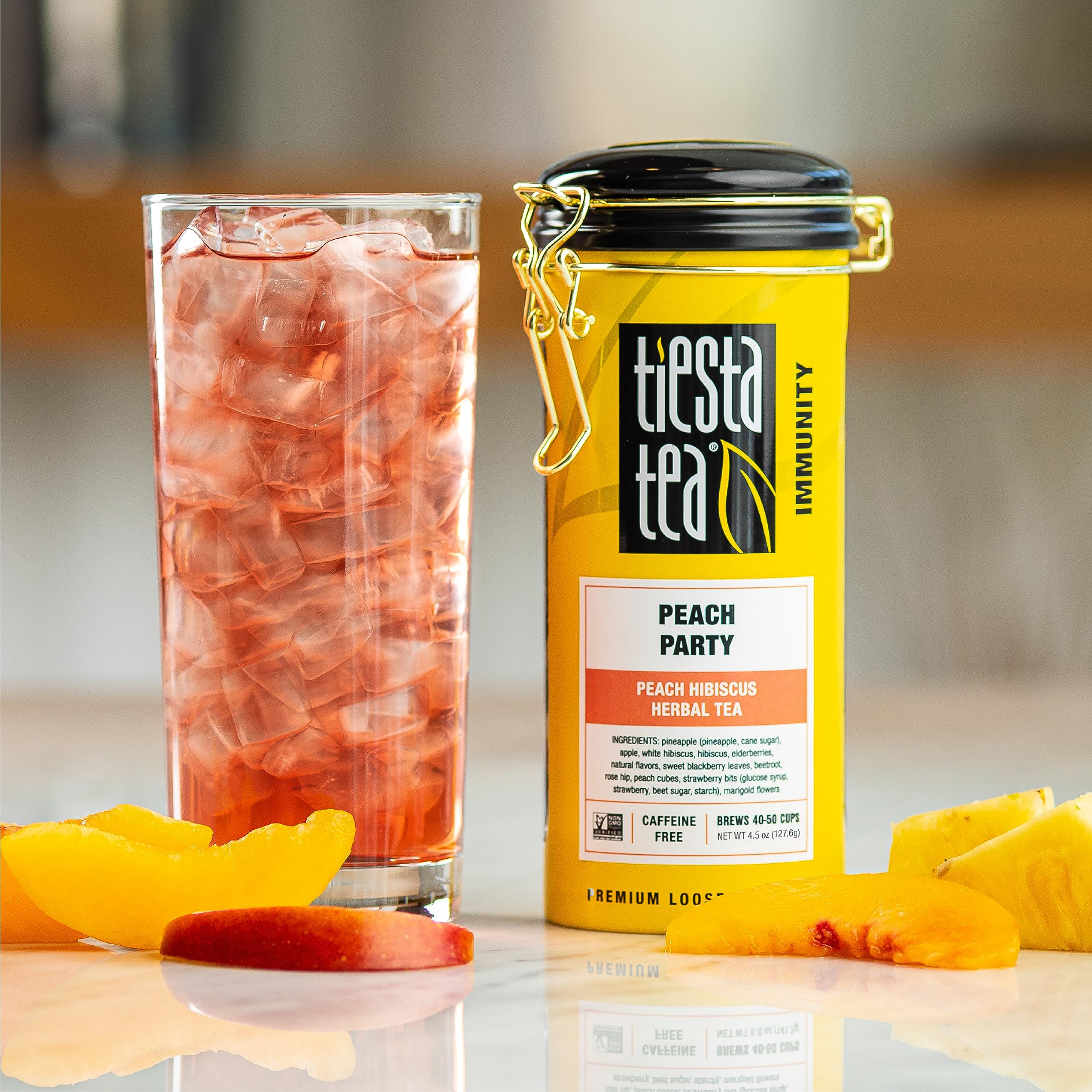 A hot cup of Tiesta Tea Peach Party steeped for full flavor