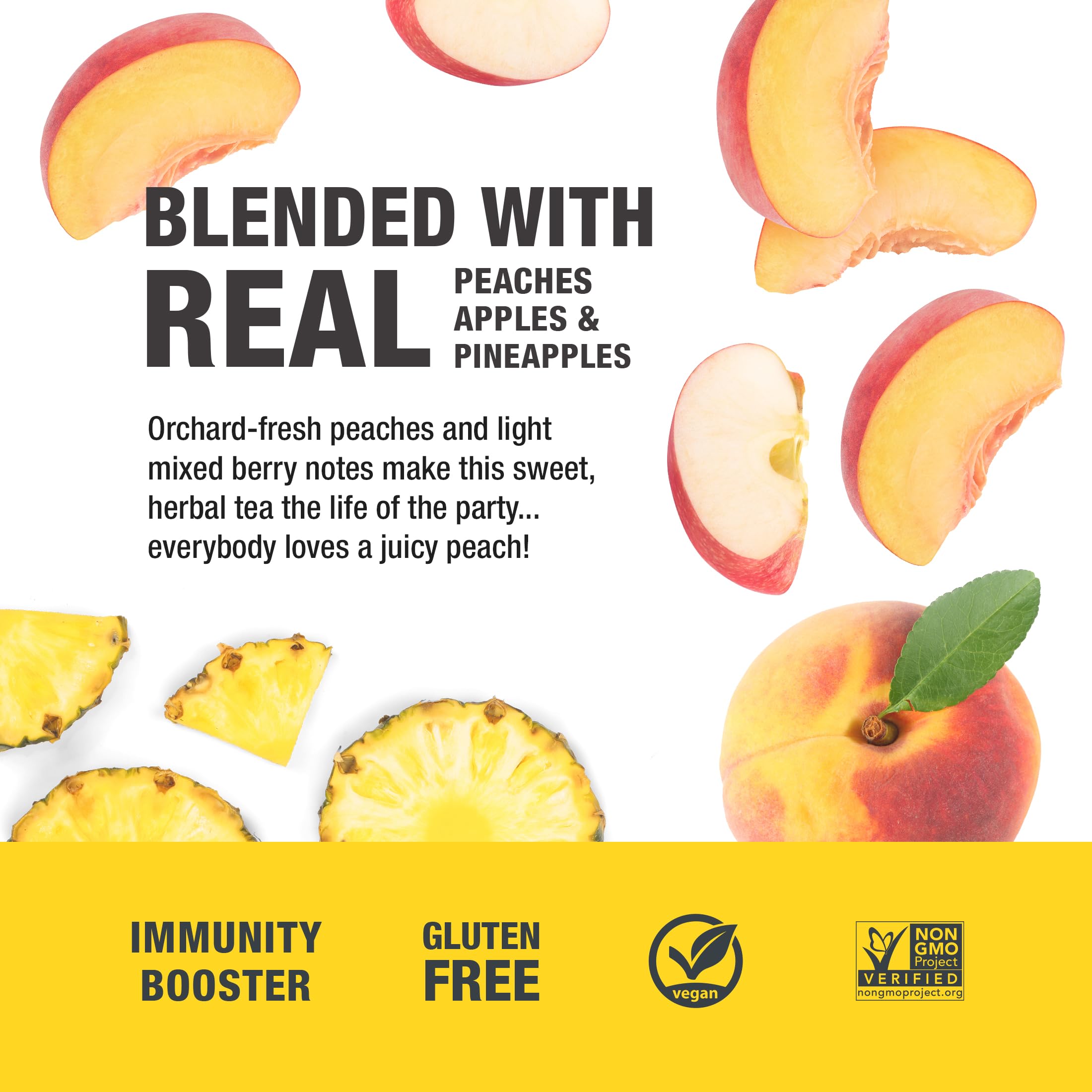 A tall glass of Tiesta Tea Peach Party iced tea, refreshing and fruity
