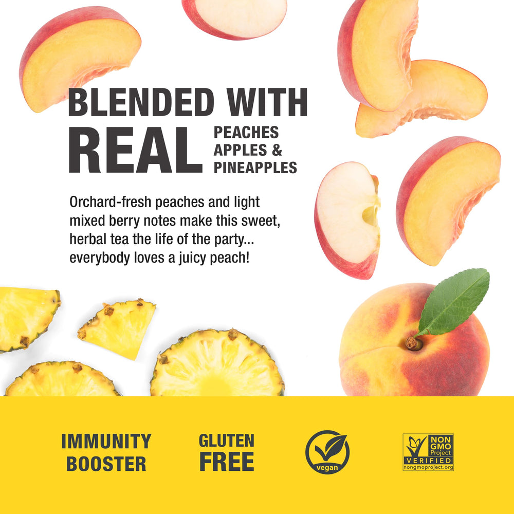 A tall glass of Tiesta Tea Peach Party iced tea, refreshing and fruity