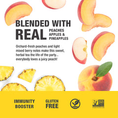 A tall glass of Tiesta Tea Peach Party iced tea, refreshing and fruity
