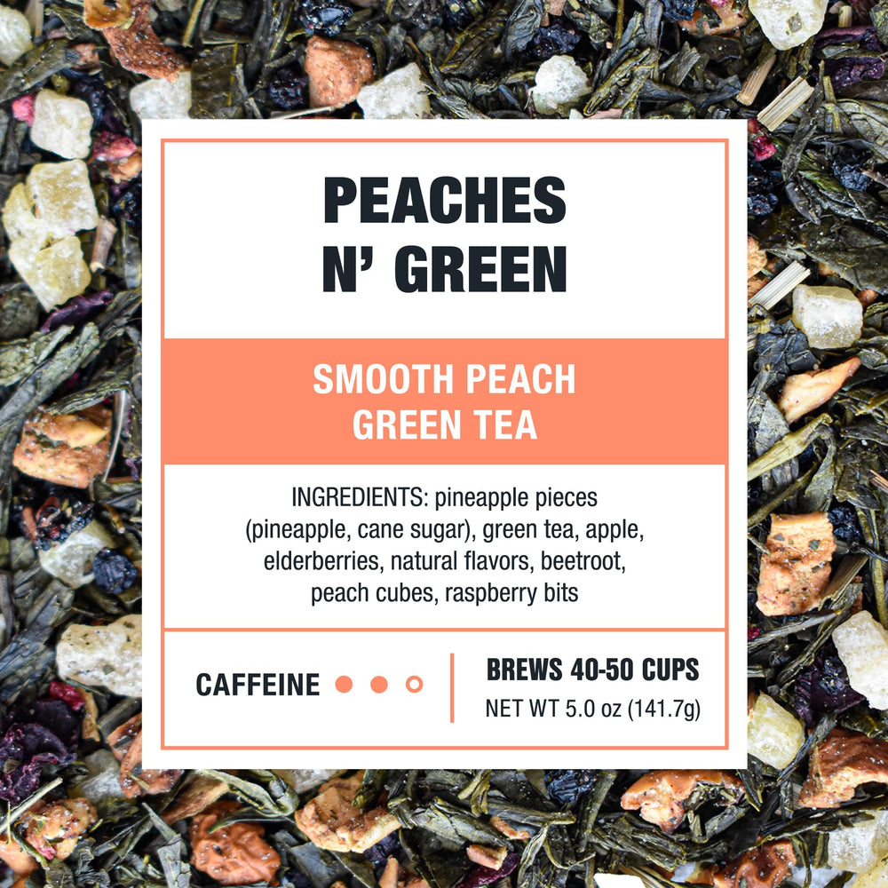 Tiesta Tea Peaches N’ Green loose leaf close-up shows vibrant green leaves ready to steep