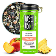 Tiesta Tea Peaches N’ Green tin front view for fresh daily brews