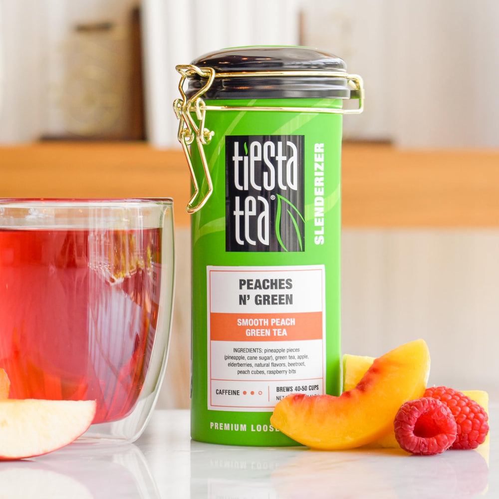 Tiesta Tea Peaches N’ Green tin label close-up highlighting premium loose leaf quality