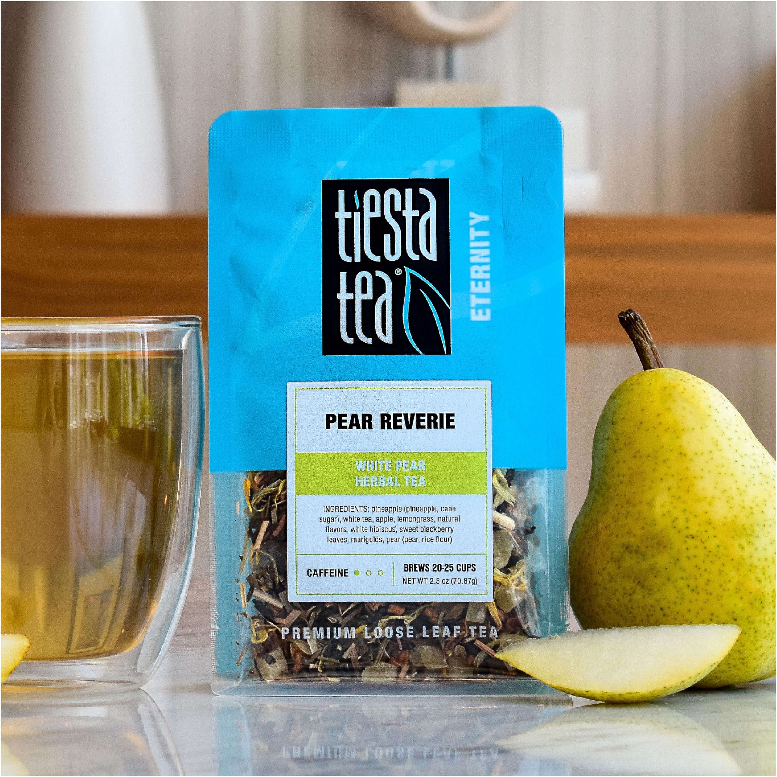 Pear Reverie pineapple and pear in a bright cup, ideal for hot or iced.