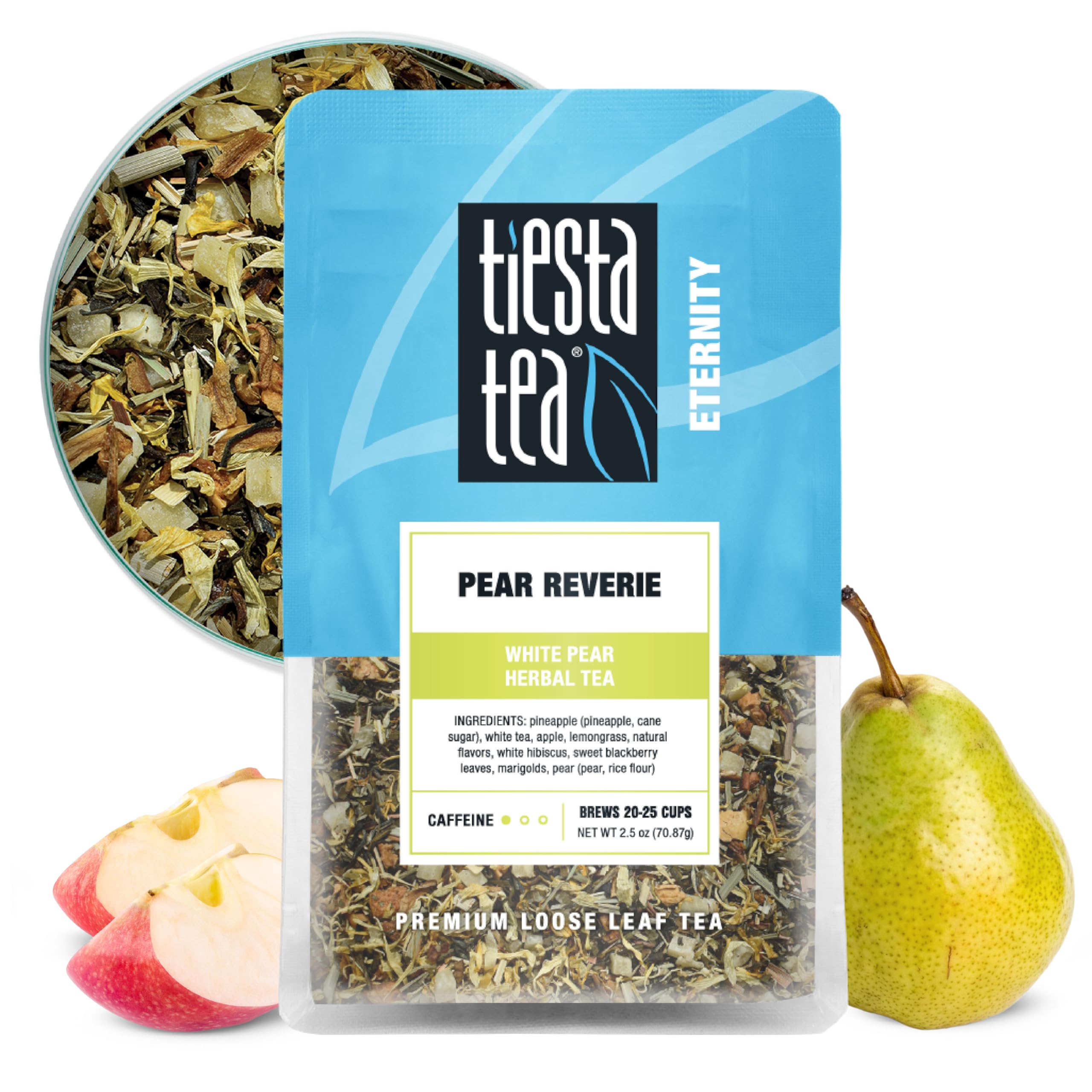 Tiesta Tea Pear Reverie loose-leaf tea with fruity aroma for a gentle afternoon pick-me-up.