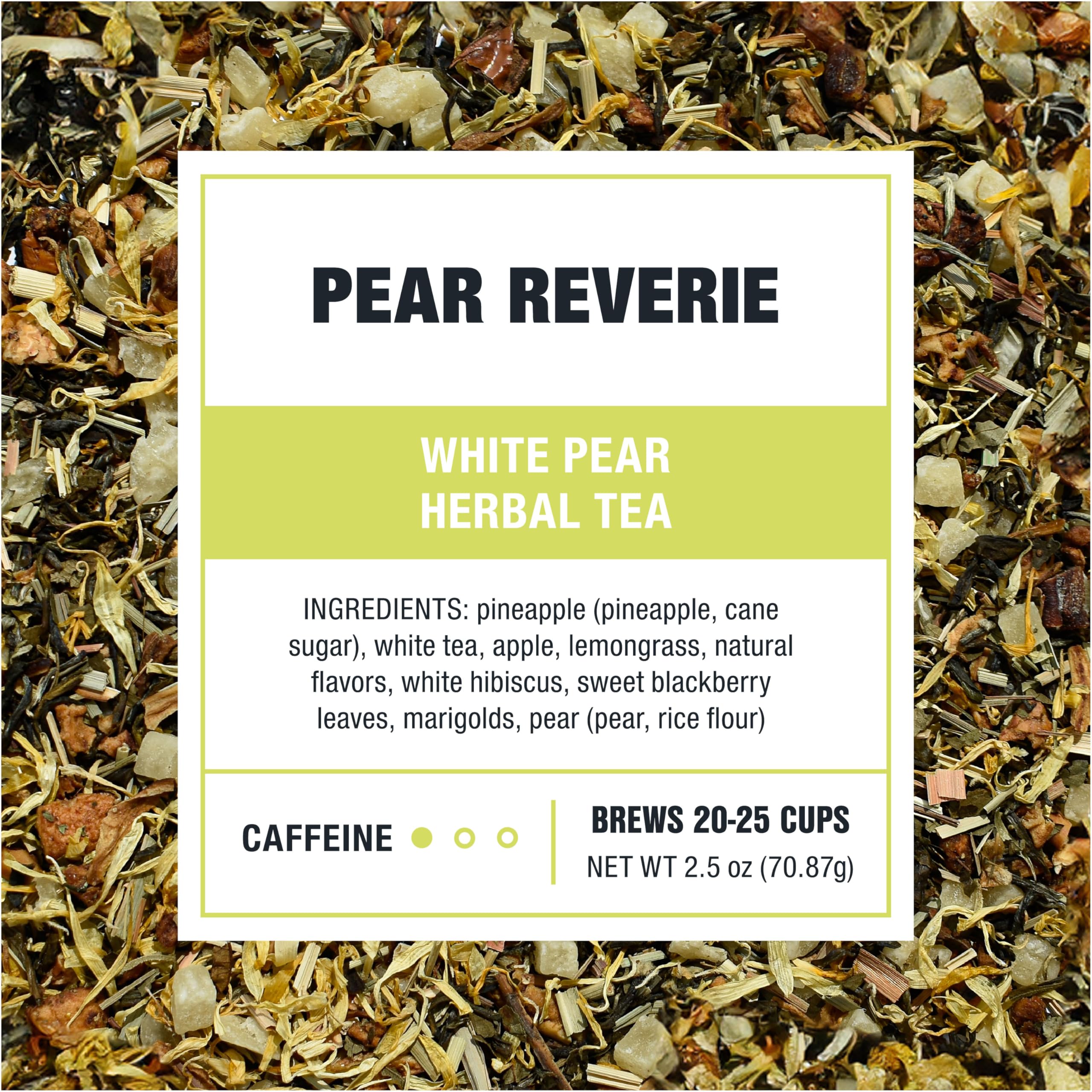 Pear Reverie white tea base with lemongrass for gentle refreshment.