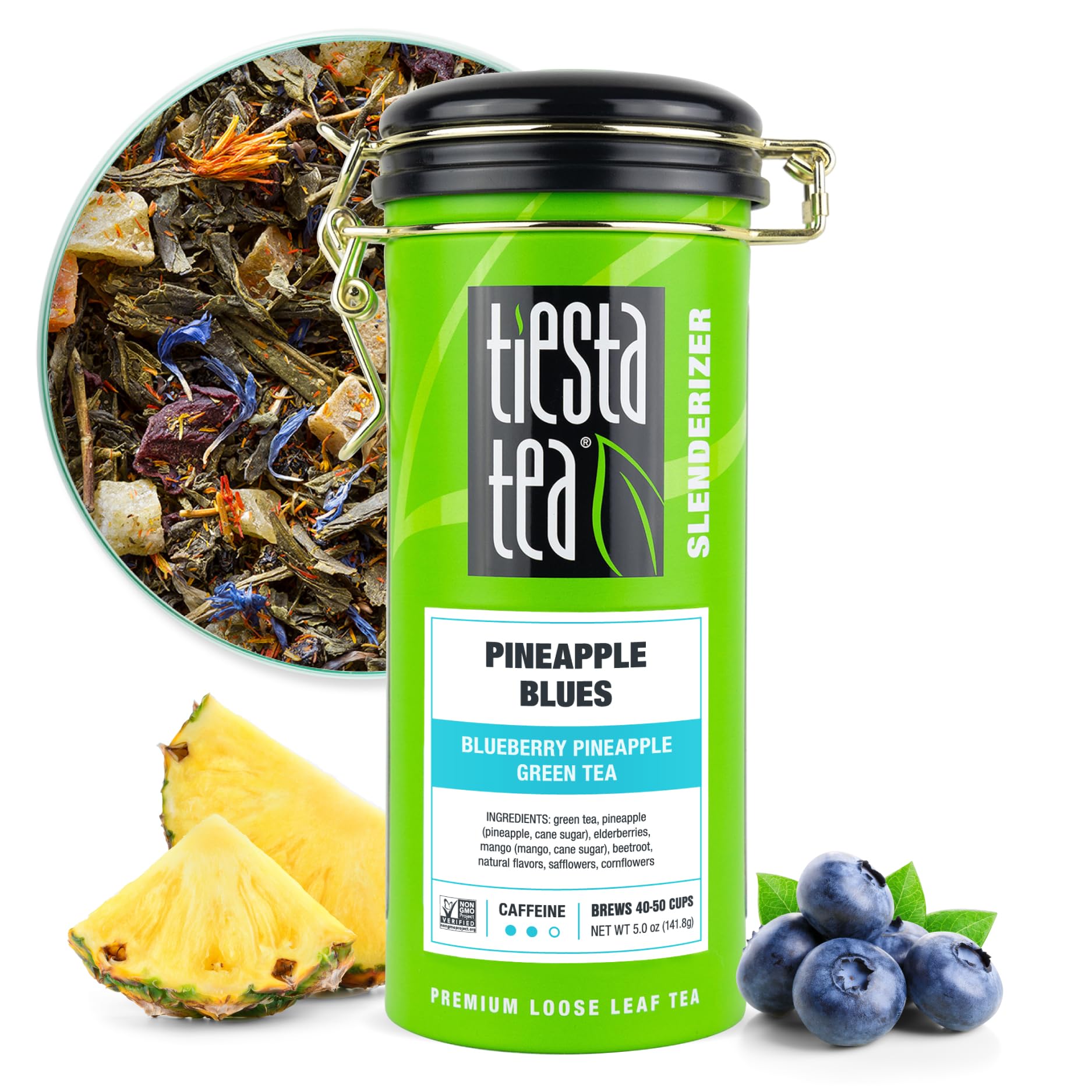 Tiesta Tea Pineapple Blues loose leaf display highlights premium quality and vibrant tropical flavor