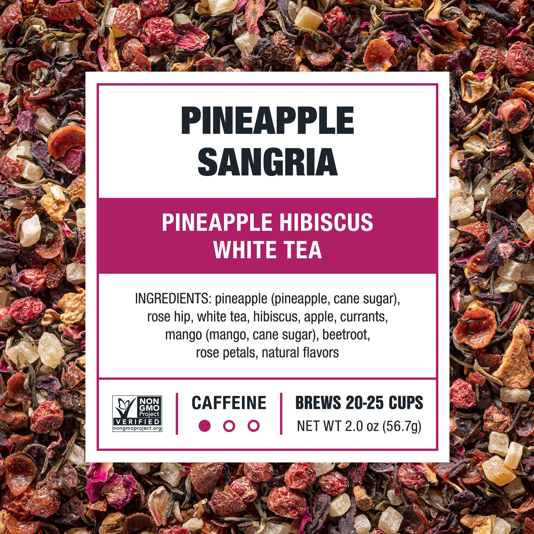 Tiesta Tea Pineapple Sangria ingredients hibiscus and pineapple for fruity brightness.